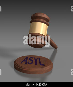 Gavel in front of grey background, Asyl, asylum written on block Stock Photo