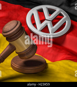 Gavel on German flag, VW logo, emissions scandal Stock Photo
