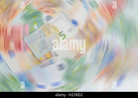 Various euro banknotes, 5 euros, circular blur Stock Photo