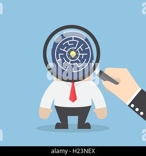Hand use magnifying glass to search idea in businessman head, searching for good idea concept Stock Vector