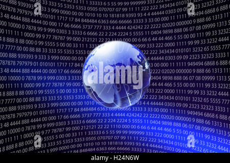 World economy concept. Glass globe on dark background with digits Stock Photo