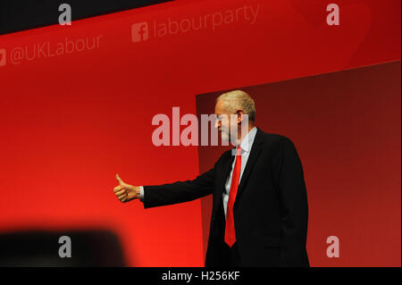 Liverpool, England. 24th September, 2016.  Jeremy Corbyn is announced as the new leader of the Labour Party at the ACC Conference Centre. Mr CorbynÕs victory followed nine weeks of campaigning against fellow candidate, Owen Smith. Mr Corbyn acknowledges the conference audience following his victory speech.This is his second leadership victory in just over twelve months and was initiated by the decision of Angela Eagle to stand against him. Kevin Hayes/Alamy Live News Stock Photo