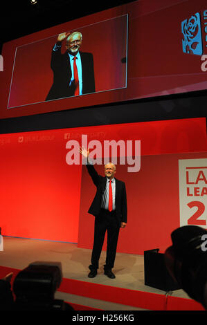 Liverpool, England. 24th September, 2016.  Jeremy Corbyn is announced as the new leader of the Labour Party at the ACC Conference Centre. Mr CorbynÕs victory followed nine weeks of campaigning against fellow candidate, Owen Smith. Mr Corbyn acknowledges the conference audience following his victory speech.This is his second leadership victory in just over twelve months and was initiated by the decision of Angela Eagle to stand against him. Kevin Hayes/Alamy Live News Stock Photo