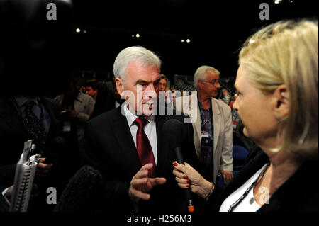 Liverpool, England. 24th September, 2016.  Jeremy Corbyn is announced as the new leader of the Labour Party at the ACC Conference Centre. Mr CorbynÕs victory followed nine weeks of campaigning against fellow candidate, Owen Smith. John McDonnell shadow chancellor, talks to reporters. This Mr Corbyn's second leadership victory in just over twelve months and was initiated by the decision of Angela Eagle to stand against him. Kevin Hayes/Alamy Live News Stock Photo