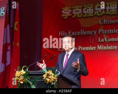 Montreal. 23rd Sep, 2016. Premier Li Keqiang addresses a welcome banquet in Montreal hosted by Chinese living in Canada, Sept. 23, 2016. © Huang Jingwen/Xinhua/Alamy Live News Stock Photo