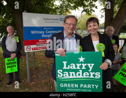 Witney, UK. 24th Sep, 2016. Green Party Co-leader and MP Caroline Lucas helps Larry Sanders, Brother of Senator Bernie Sanders,  to  launch  his campaigh to stand as Green Party MP candidate for Witney,  following David Cameron standing down from his Witney seat. Credit:  adrian arbib/Alamy Live News Stock Photo