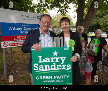 Witney, UK. 24th Sep, 2016. Green Party Co-leader and MP Caroline Lucas helps Larry Sanders, Brother of Senator Bernie Sanders,  to  launch  his campaigh to stand as Green Party MP candidate for Witney,  following David Cameron standing down from his Witney seat.    Witney Community Hospital , Witney, Oxfordshire Credit:  adrian arbib/Alamy Live News Stock Photo