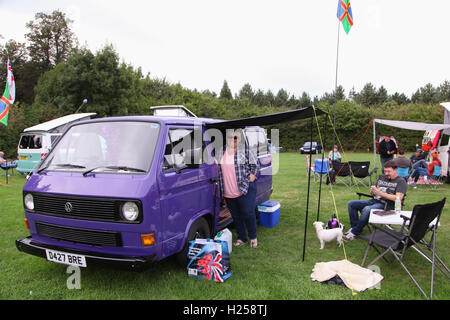 Henlow Bridge Lakes, Bedfordshire, UK. 24th September, 2016, Members of the Run the Ring group which was formed in March this year by John Emberton to raise money for the Teenage Cancer Trust, are camping overnight before they leave at 8AM to 'Run the Ring', around the M25 on Sunday September 25th. They will join over 400 other VW camper van owners to form the longest cruise of VW's the UK has seen. Stock Photo