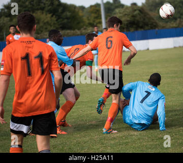 Brentwood, Essex, UK. 24th September, 2016. Brentwood, Essex, Brentwood Twon FC vs Bury Town FC,,Marcus Milner (7) of Brentwood and Remi Garrett of Bury (6 in orange) clash) during the Brentwood FC Vs Bury Town FC match won by Bury FC. Credit:  Ian Davidson/Alamy Live News Stock Photo