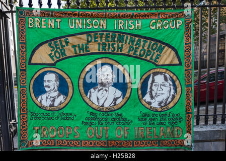 London, UK. 24th September 2016. Brent Unison Irish Group banner at the protest at Downing St by the Irish Republican Prisoners Support Group called for the release of the Craigavon 2, Brendan McConville and JOhn Paul Wooton, convicted of killing of Northern Ireland police office Stephen Carroll in March 2009. They were convicted on the evidence of a discredited witness who was allegedly paid both by members of the police force and the tabloid press despite the absence of any forensic evidence to connect them with the weapon used. They also called for freedom for Tony Taylor, a prisoner releas Stock Photo