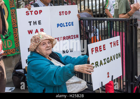London, UK. 24th September 2016. A protest at Downing St by the Irish Republican Prisoners Support Group called for the release of the Craigavon 2, Brendan McConville and JOhn Paul Wooton, convicted of killing of Northern Ireland police office Stephen Carroll in March 2009. They were convicted on the evidence of a discredited witness who was allegedly paid both by members of the police force and the tabloid press despite the absence of any forensic evidence to connect them with the weapon used. They also called for freedom for Tony Taylor, a prisoner released on licence in 2014, but taken back Stock Photo