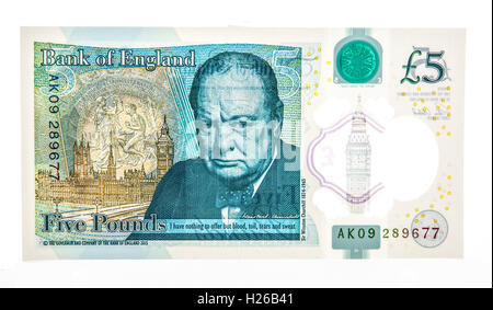 The New Polymer UK Five Pound Note with Winston Churchhill on a white background Stock Photo