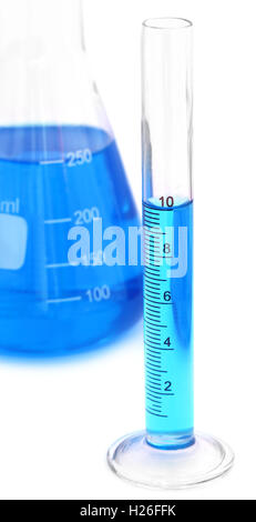 Measuring cylinder with conical flask over white background Stock Photo