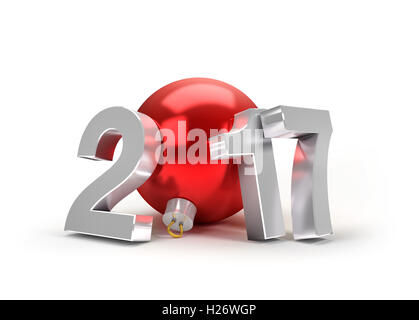 New Year 2017 type with a red christmas ball - 3D illustration Stock Photo