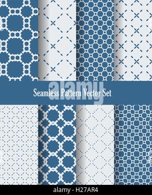 seamless pattern set abstract blue and white dotted lines and floral design background vector illustration Stock Vector