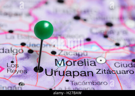 Uruapan pinned on a map of Mexico Stock Photo