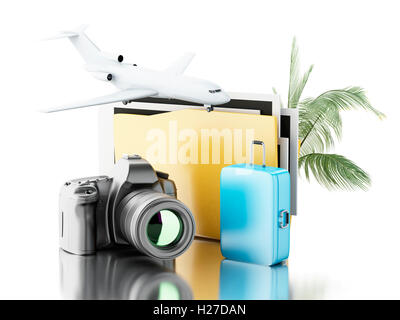 3d renderer image. Photo camera with folder, airplane and suitcase. Travel concept. Isolated white background. Stock Photo