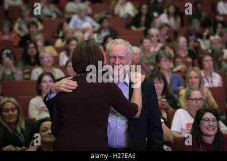 Scottish Labour leader Kezia Dugdale greets newly re-elected Labour leader Jeremy Corbyn, during Labour's women's conference in Liverpool on the eve of the Labour Party's annual conference. Stock Photo