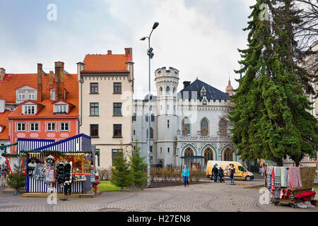 Riga, Latvia - December 26, 2015: Part of the Christmas market at the Livu square in the old town of Riga, Latvia. The Livu square was established in 1950 and received the current name in 2000. Stock Photo