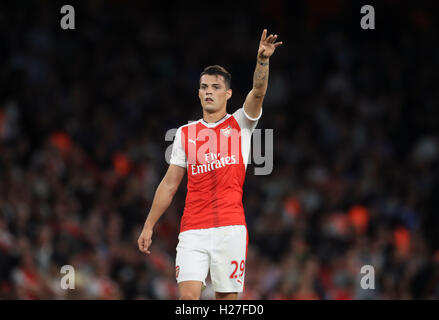 Arsenal's Granit Xhaka during the Premier League match at the Emirates Stadium, London. PRESS ASSOCIATION Photo. Picture date: Saturday September 24, 2016. See PA story SOCCER Arsenal. Photo credit should read: Adam Davy/PA Wire. RESTRICTIONS:  EDITORIAL USE ONLY No use with unauthorised audio, video, data, fixture lists, club/league logos or 'live' services. Online in-match use limited to 75 images, no video emulation. No use in betting, games or single club/league/player publications. Stock Photo