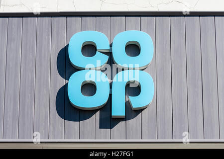 New Co-operative logo above store following retro 1960s rebrand in 2016. Stock Photo