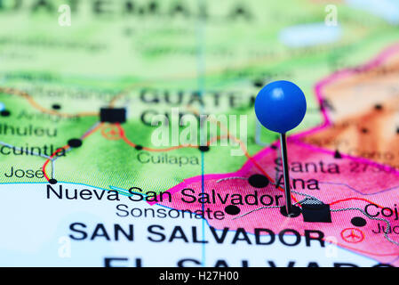 Nueva San Salvador pinned on a map of El Salvador Stock Photo