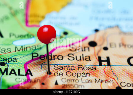 Santa Rosa de Copan pinned on a map of Honduras Stock Photo