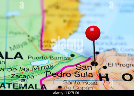 San Pedro Sula pinned on a map of Honduras Stock Photo