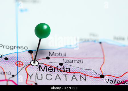 Merida pinned on a map of Mexico Stock Photo