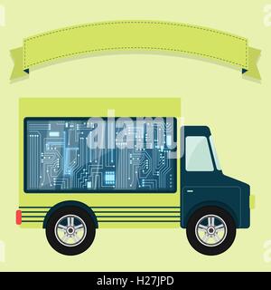 Chip electronic circuit shown in a showcase in the back of a truck. Ribbon to enter text. Concept. Stock Vector