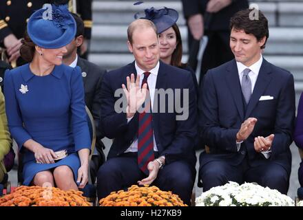 The Duke and Duchess of Cambridge with Canadian Prime Minister Justine Trudeau during an official ceremonial welcome at the British Columbia Legislative Assembly in Victoria, on the first day of the Royal Tour to Canada. Stock Photo