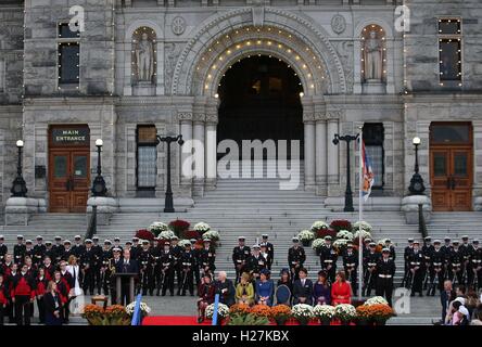 The Duke of Cambridge makes a speech during an official ceremonial welcome at the British Columbia Legislative Assembly in Victoria, on the first day of the Royal Tour to Canada. Stock Photo