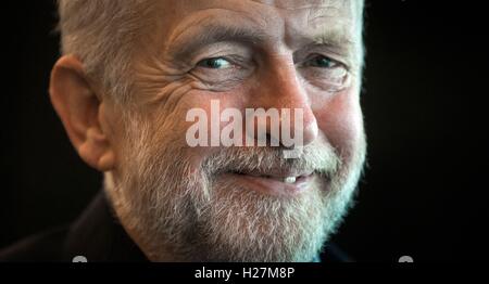 Labour Leader Jeremy Corbyn celebrates his victory following the announcement of the winner in the Labour leadership contest between him and Owen Smith at the ACC Liverpool. Corbyn has urged the party to 'come together' and reach out to the country following his decisive victory. Stock Photo