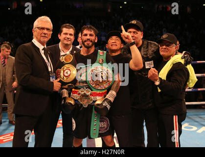 Jorge Linares and corner team winner of the WBA, WBC Diamond and Ring Magazine Lightweight World Titles fight at Manchester Arena. Stock Photo