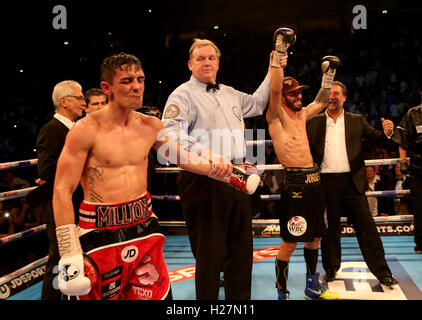Anthony Crolla grimaces as and Jorge Linares is announced as the winner of the WBA, WBC Diamond and Ring Magazine Lightweight World Titles fight at Manchester Arena. Stock Photo