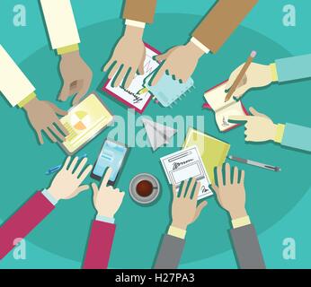 Business meeting vector flat design, businessman hands at office work Stock Vector