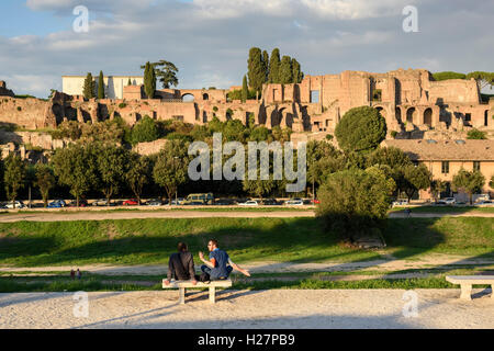 Rome. Italy. Ruins of the Domus Augustana on the Palatine Hill viewed from Circo Massimo. Stock Photo