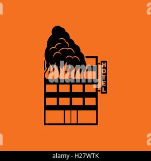 Hotel building in fire icon. Orange background with black. Vector illustration. Stock Vector