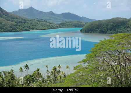 Huahine island landscape with blue water of Bourayne bay, south Pacific ocean, French Polynesia Stock Photo