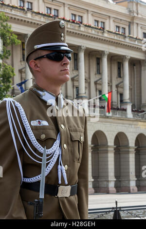 Honor Guard at the Parliament Building in the city of Budapest in Hungary. (National Home Defense Ceremonial Band MH TD). Stock Photo