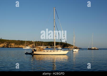 Island Packet yacht at anchor in Cala Xarraca, Ibiza. Spain Stock Photo