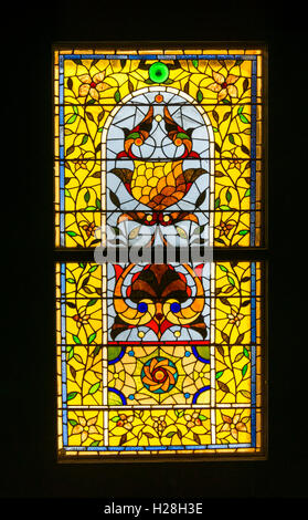 19th century American stylized floral stained glass window. Unknown designer & fabricator. From house in Hyde Park , New York. Stock Photo