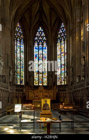 The Lady Chapel with 16th century Flemish stained glass from Herkenrode Abbey, Lichfield Cathedral, Staffordshire, England, UK Stock Photo