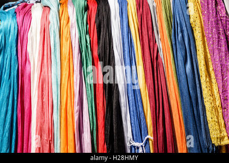 Silk Scarves on Market Stall, Historic Pedestrian Downtown Mall, East Main Street, Charlottesville, Virginia Stock Photo