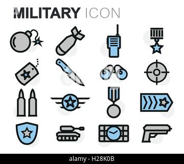 Vector flat line military icons set on white background Stock Vector