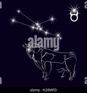 Constellation Taurus. Realistic star. White bull, zodiac sign. Tattoo. Made with a predominance of white on a dark background. illustration Stock Vector