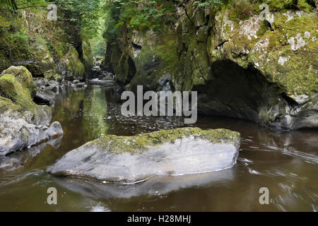 River Conway flowing through a gorge known as the Fairy Glen in North Wales near betws y coed Stock Photo