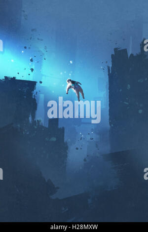 astronaut floating in abandoned city,mysterious space,illustration painting Stock Photo