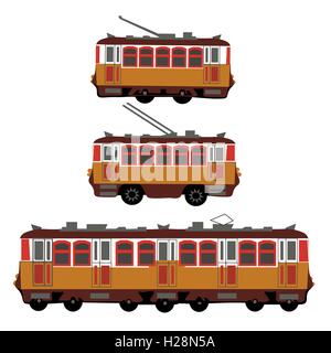 Vintage tram, electric train, trolleybus. Retro. Detail view of the side of the electric transport. Tourist tram. Yellow tram, trolleybus, train. illustration Stock Vector