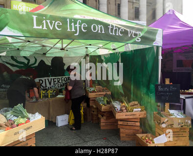 Fresh vegetables market stall called ' Live life on the veg' in Market Square, Nottingham City Centre. Stock Photo